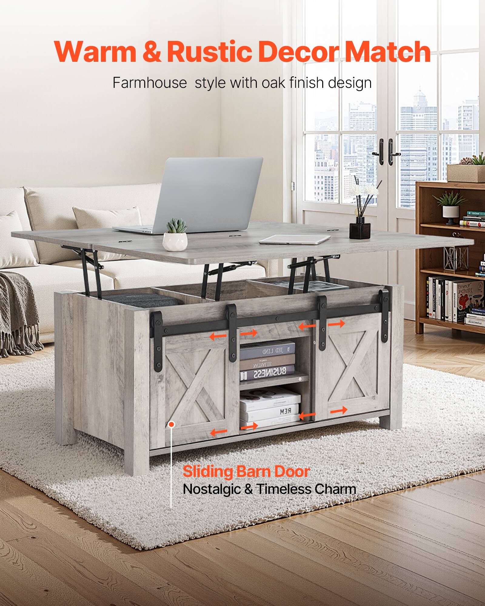 Warm & Rustic Decor Match  
Farmhouse style with oak finish design  

Sliding Barn Door  
Nostalgic & Timeless Charm