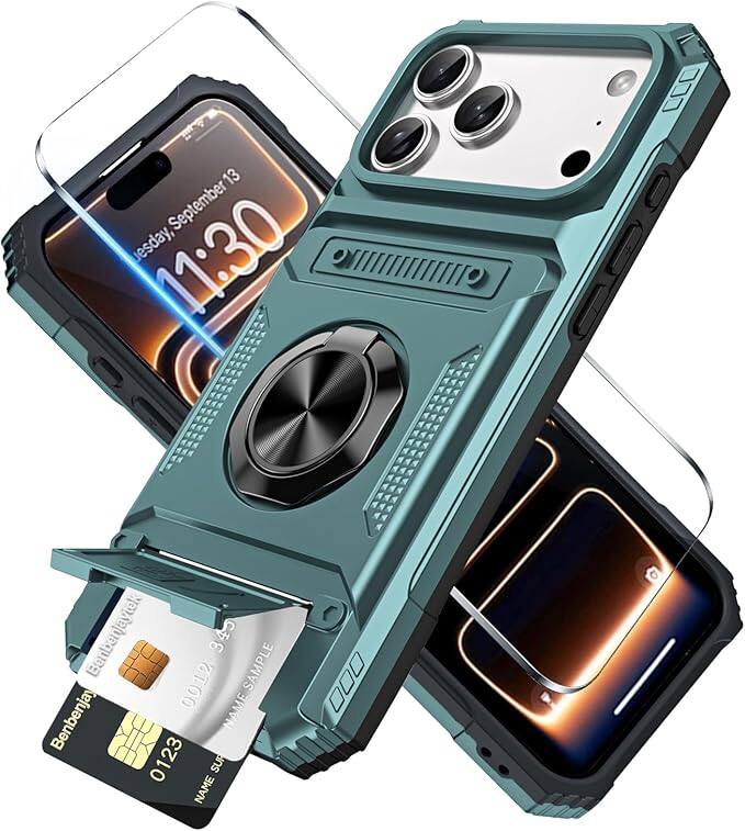 Gravity Ridge - for iPhone 17 Pro Max Wallet Case with Card Holder 360°Ring Kickstand Military Grade Drop Shockproof Rugged Case - Green