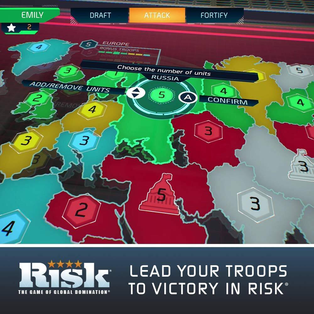 EMILY 2  
DRAFT ATTACK FORTIFY  
EUROPE 4 BONUS TROOPS 5 BONUS TROOPS 3  
Choose the number of units RUSSIA  
ADD/REMOVE UNITS 4 2 5  
A REMO CONFIRM 4 5 4 3 3 3 3 3 4 2 5 3  
Risk LEAD YOUR TROOPS TO VICTORY IN RISK