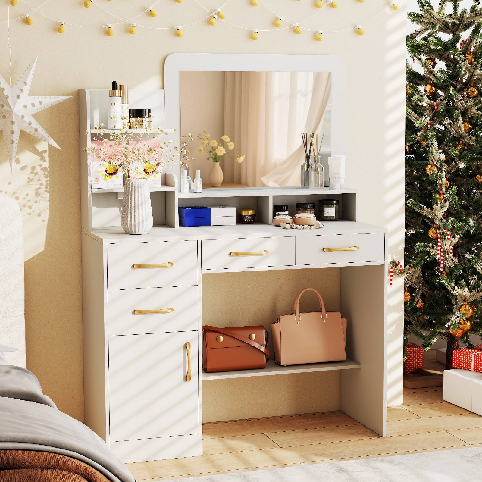 Alt View 1. Gymax - Gymax 39.5'' Modern Makeup Table Vanity Desk w/ Power Outlets & Open Shelves White - White.