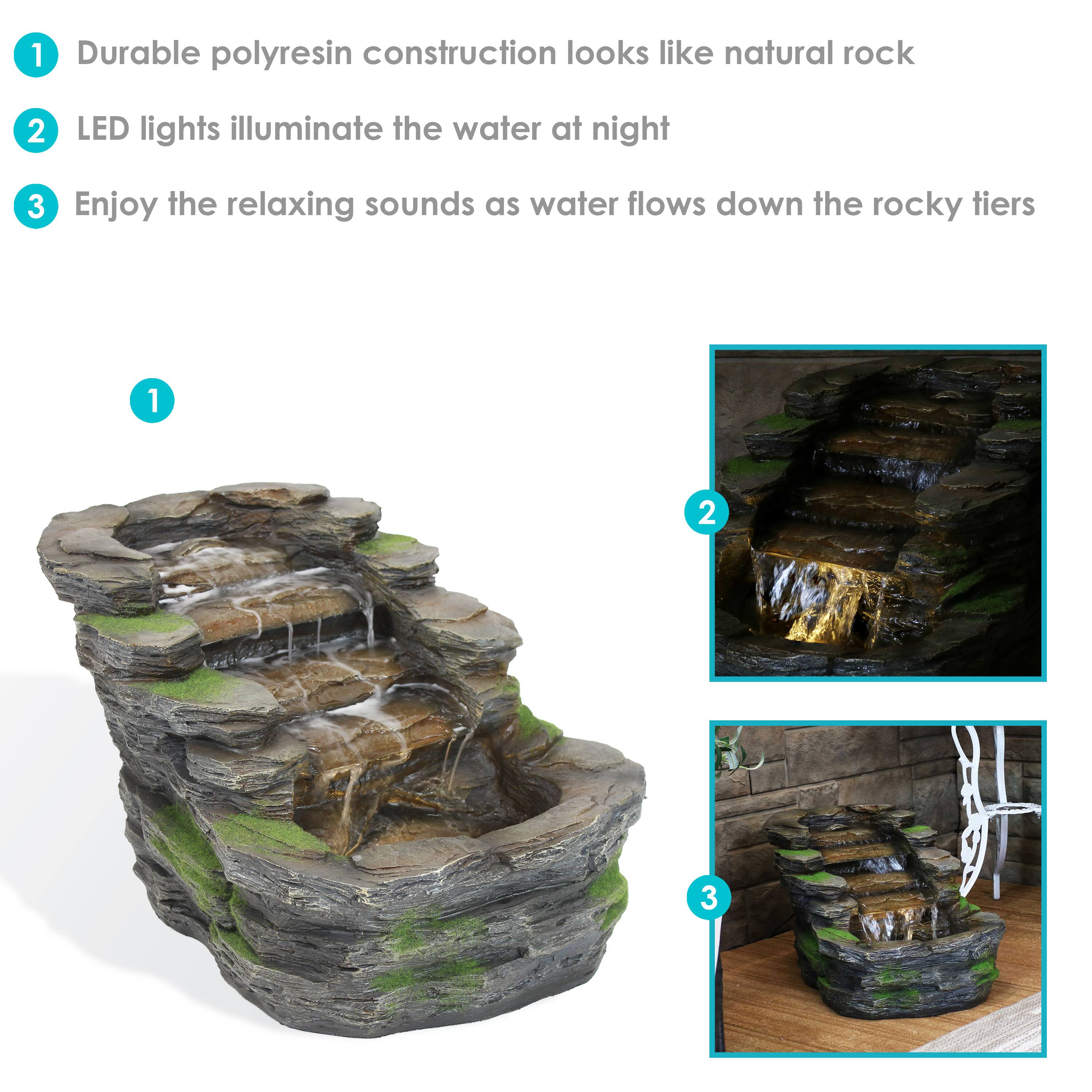 1. Durable polyresin construction looks like natural rock
2. LED lights illuminate the water at night
3. Enjoy the relaxing sounds as water flows down the rocky tiers