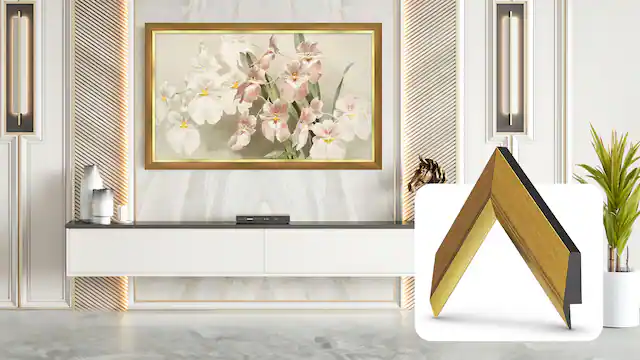 Front. Deco TV Frames - 50" Slim Bezel for Samsung The Frame TV - Modern Gold Leaf.