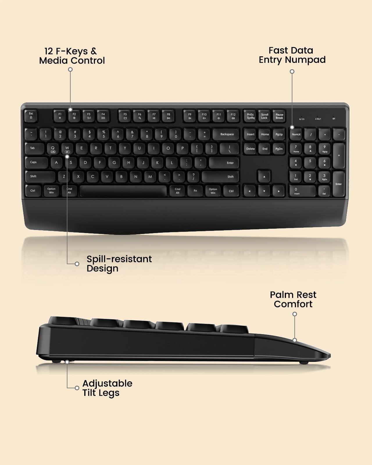 12 F-Keys & Media Control  
Fast Data Entry Numpad  
Spill-resistant Design  
Palm Rest Comfort  
Adjustable Tilt Legs