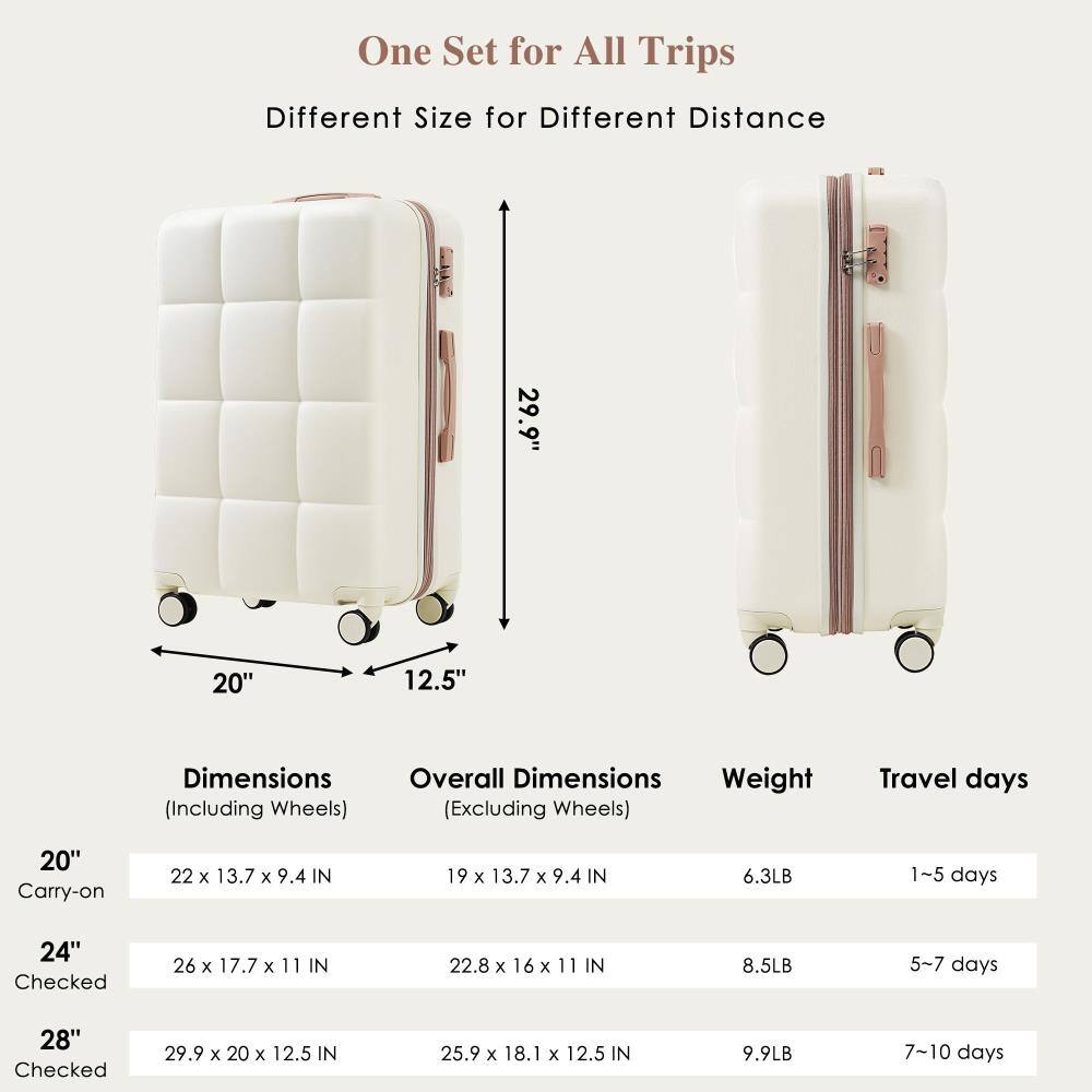 One Set for All Trips  
Different Size for Different Distance  

20" Carry-on  
Dimensions (Including Wheels): 22 x 13.7 x 9.4 IN  
Overall Dimensions (Excluding Wheels): 19 x 13.7 x 9.4 IN  
Weight: 6.3LB  
Travel days: 1-5 days  

24" Checked  
Dimensions (Including Wheels): 26 x 17.7 x 11 IN  
Overall Dimensions (Excluding Wheels): 22.8 x 16 x 11 IN  
Weight: 8.5LB  
Travel days: 5-7 days  

28" Checked  
Dimensions (Including Wheels): 29.9 x 20 x 12.5 IN  
Overall Dimensions (Excluding Wheels): 25.9 x 18.1 x 12.5 IN  
Weight: 9.9LB  
Travel days: 7-10 days