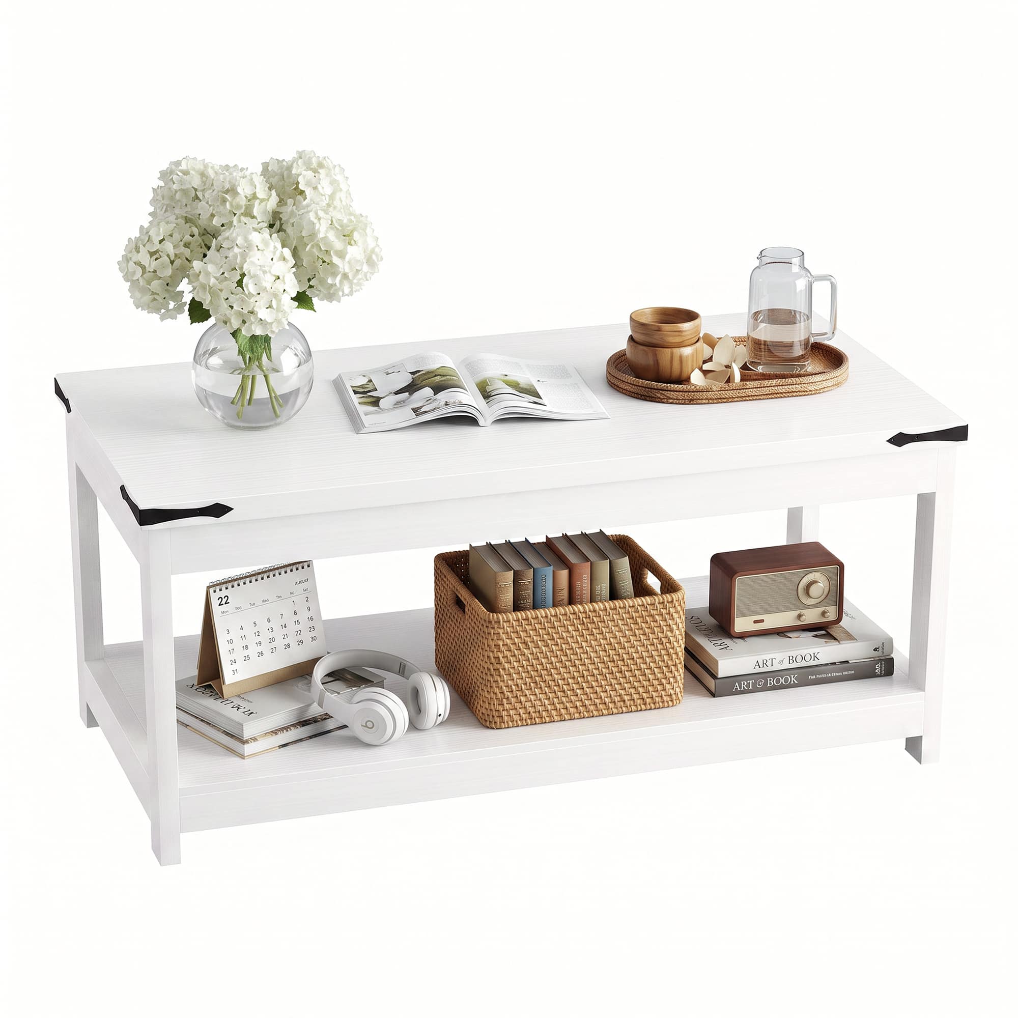 Aheaplus - 43.3" Wood Farmhouse Coffee Table with Storage Shelf, Modern Living Room Centerpiece - White