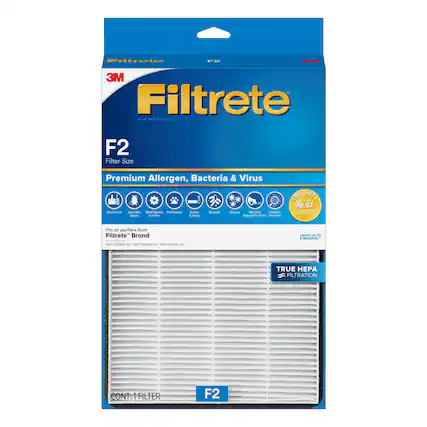 3M Filtrete F2 Filter Size Premium Allergen, Bacteria & Virus
- Dust & Allergens
- Dust Mites
- Mold Spores
- Pet Dander
- Smoke
- Bacteria
- Viruses
- PM 2.5
- Ultrafine Particles
TRUE HEPA 99.97% of Particles
Fits air purifiers from Filtrete Brand:
- FAP-C02WA-02
- FAP-C038A-02
- FAP-T038A-02
CONT: 1 FILTER
TRUE HEPA FILTRATION