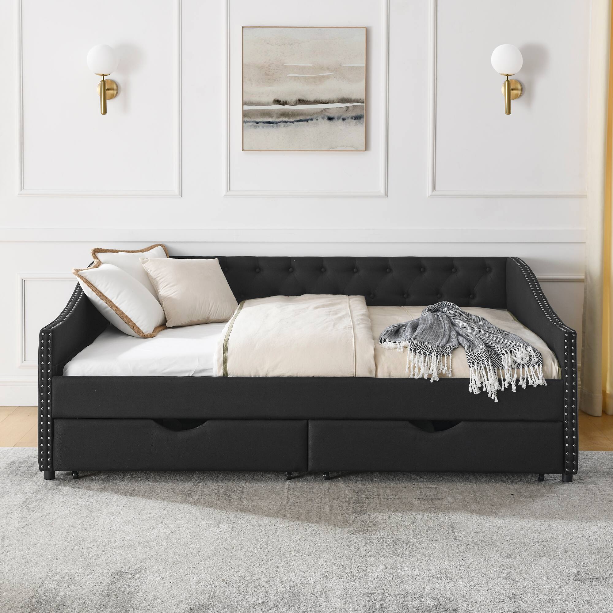 Alt View 6. Tiramisubest - Full Size Daybed with Drawers Upholstered Tufted Sofa Bed, (80.5''x55.5''x27.5'') - Black.