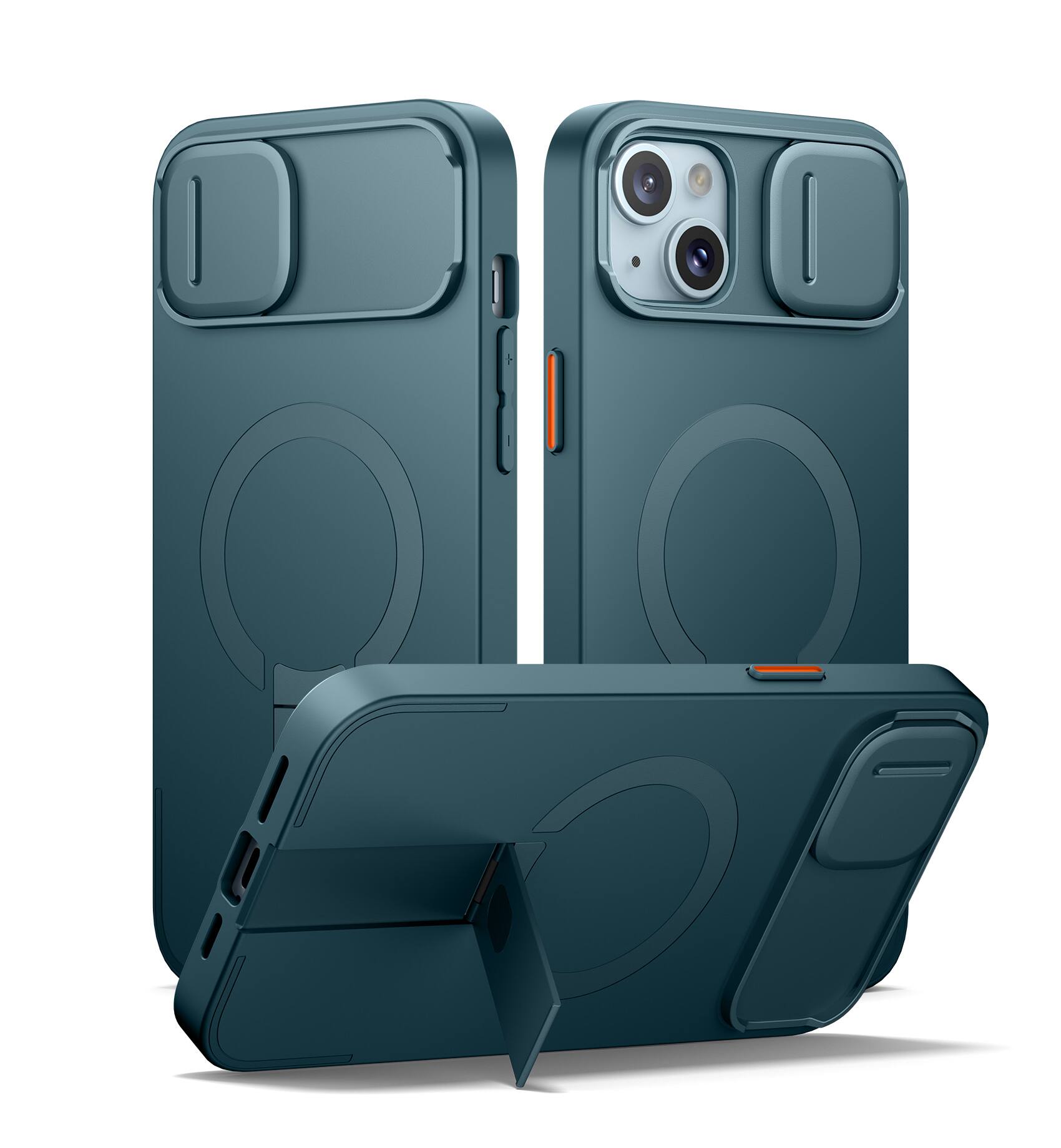 Angle. SURITCH - Bumper Case for iPhone 14+ Plus/15+ Plus with Camera Cover, Compatible with MagSafe, Shockproof Slim Protective Cover - Lake Green.