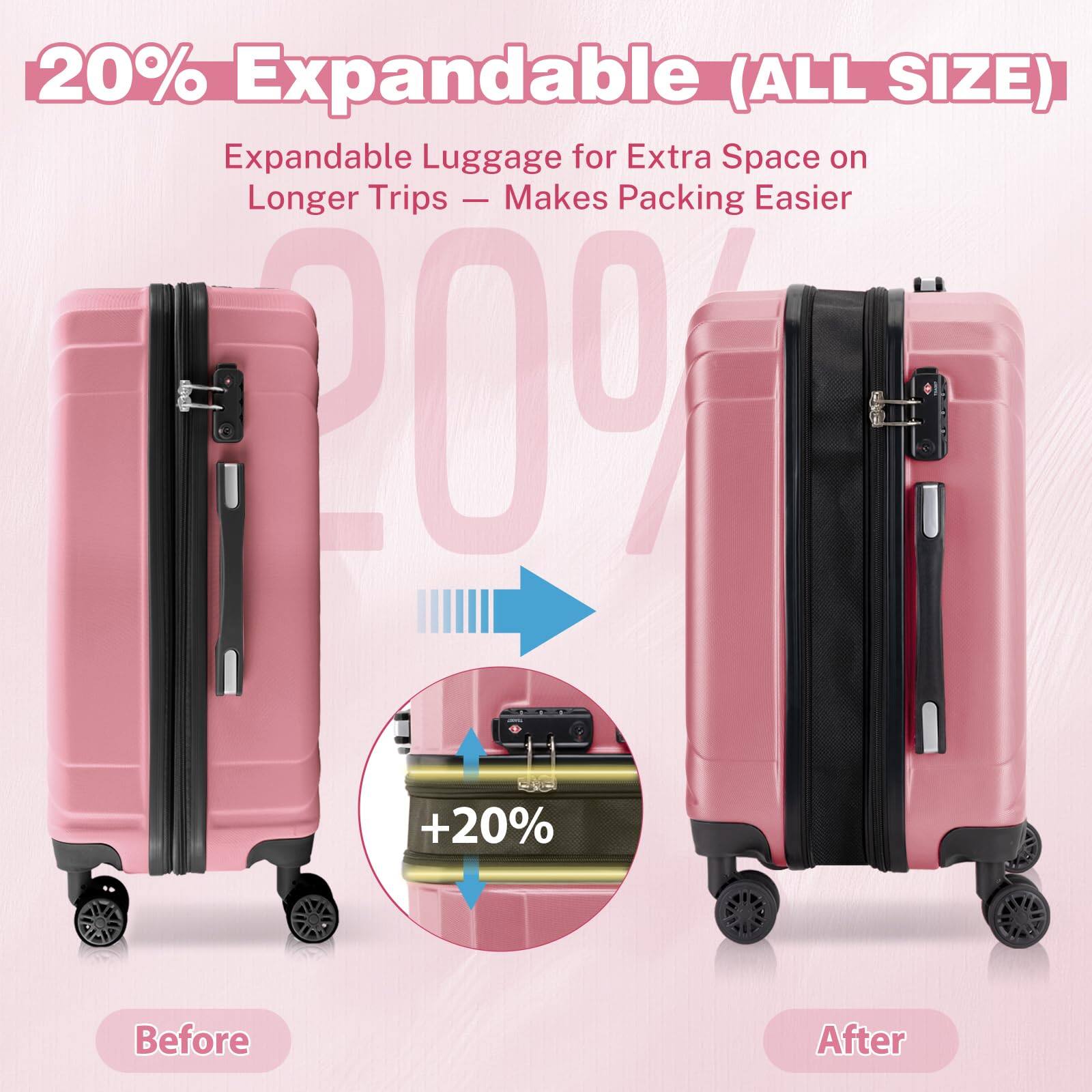 20% Expandable (ALL SIZE)  
Expandable Luggage for Extra Space on Longer Trips - Makes Packing Easier  

Before  
After  

+20%