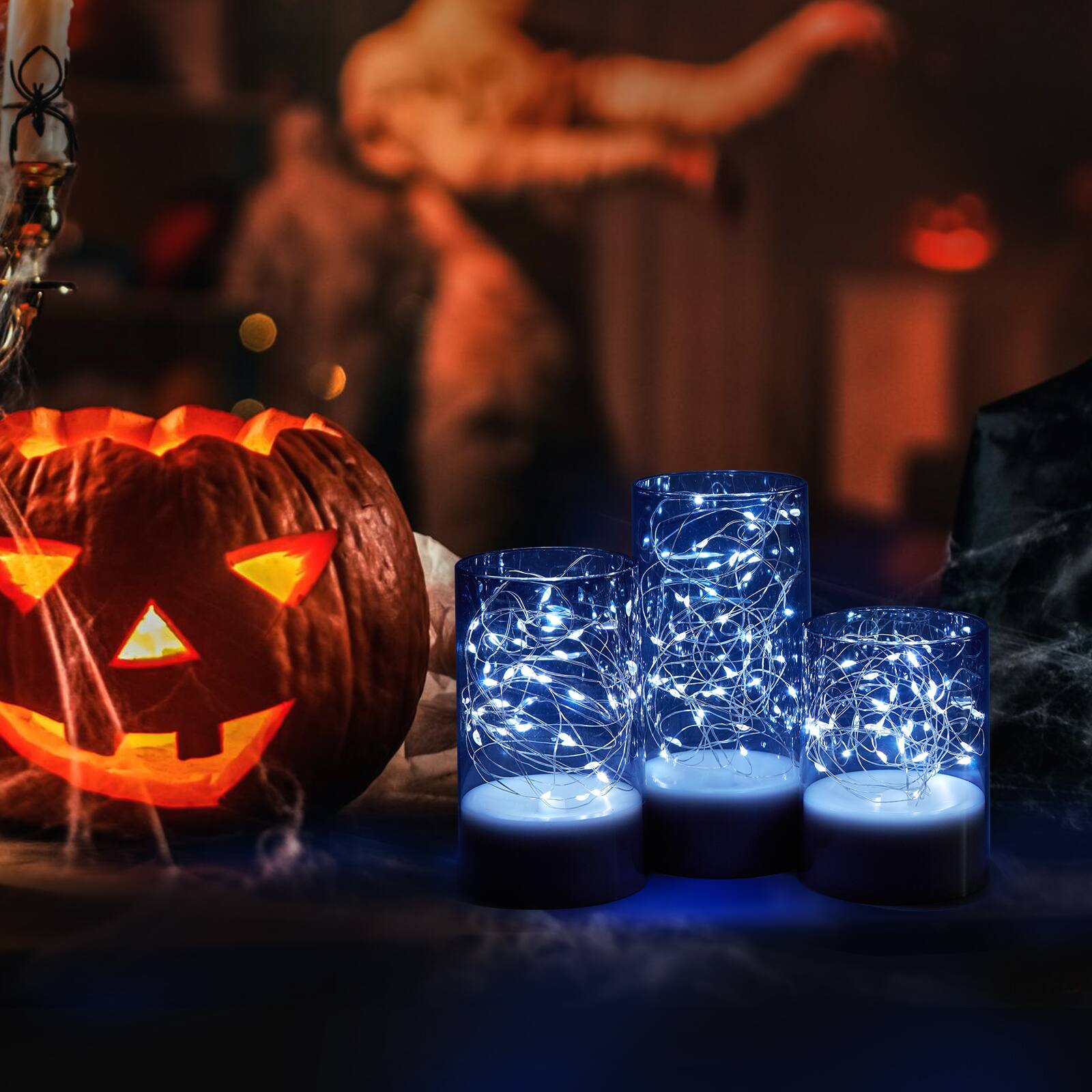 Alt View 4. IMAGE - 3 PCS Acrylic Shell Pillar LED Flameless Candles with 13-Key Remote Timer, Grey - Grey.