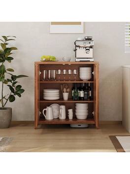 GARVEE - Freestanding Rattan Storage Cabinet With Doors and Adjustable Shelves, Accent Floor Storage Cabinet - Dark Oak