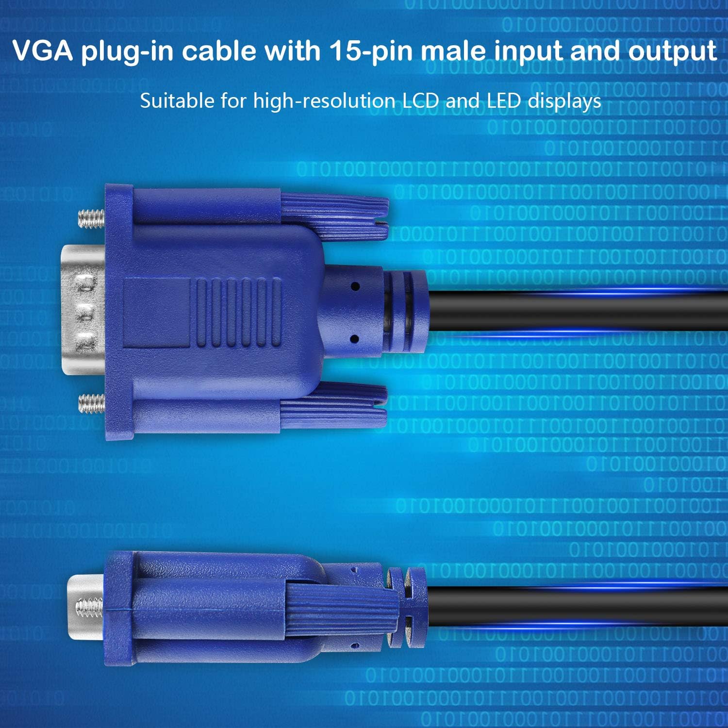 VGA plug-in cable with 15-pin male input and output  
Suitable for high-resolution LCD and LED displays