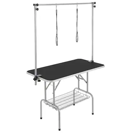 Front. VEVOR - Pet Grooming Table Two Arms with Clamp, 46'' Dog Grooming Station, Foldable Pets Grooming Stand.