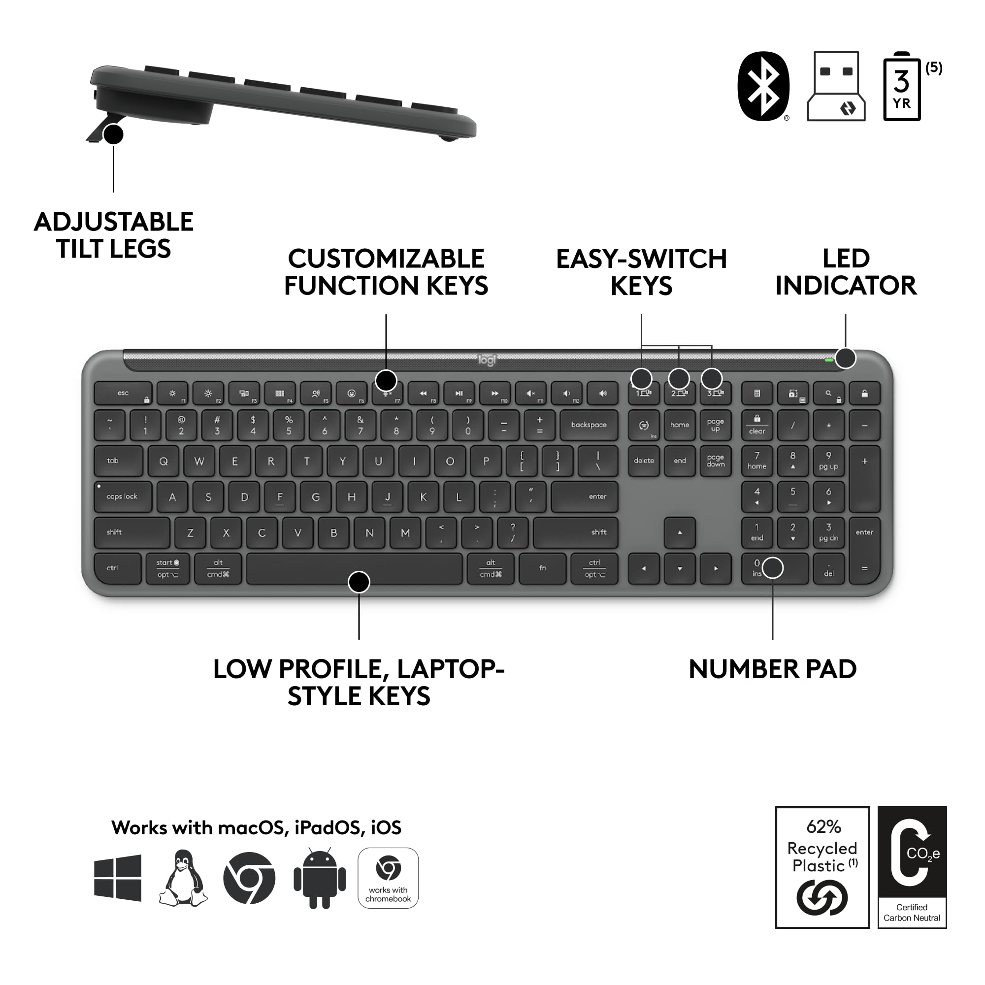 3 YR (5) ADJUSTABLE TILT LEGS  
CUSTOMIZABLE FUNCTION KEYS  
EASY-SWITCH KEYS  
LED INDICATOR  

LOW PROFILE, LAPTOP-STYLE KEYS  
NUMBER PAD  

Works with macOS, iPadOS, iOS  
Works with Chromebook  

62% Recycled Plastic  
Certified Carbon Neutral