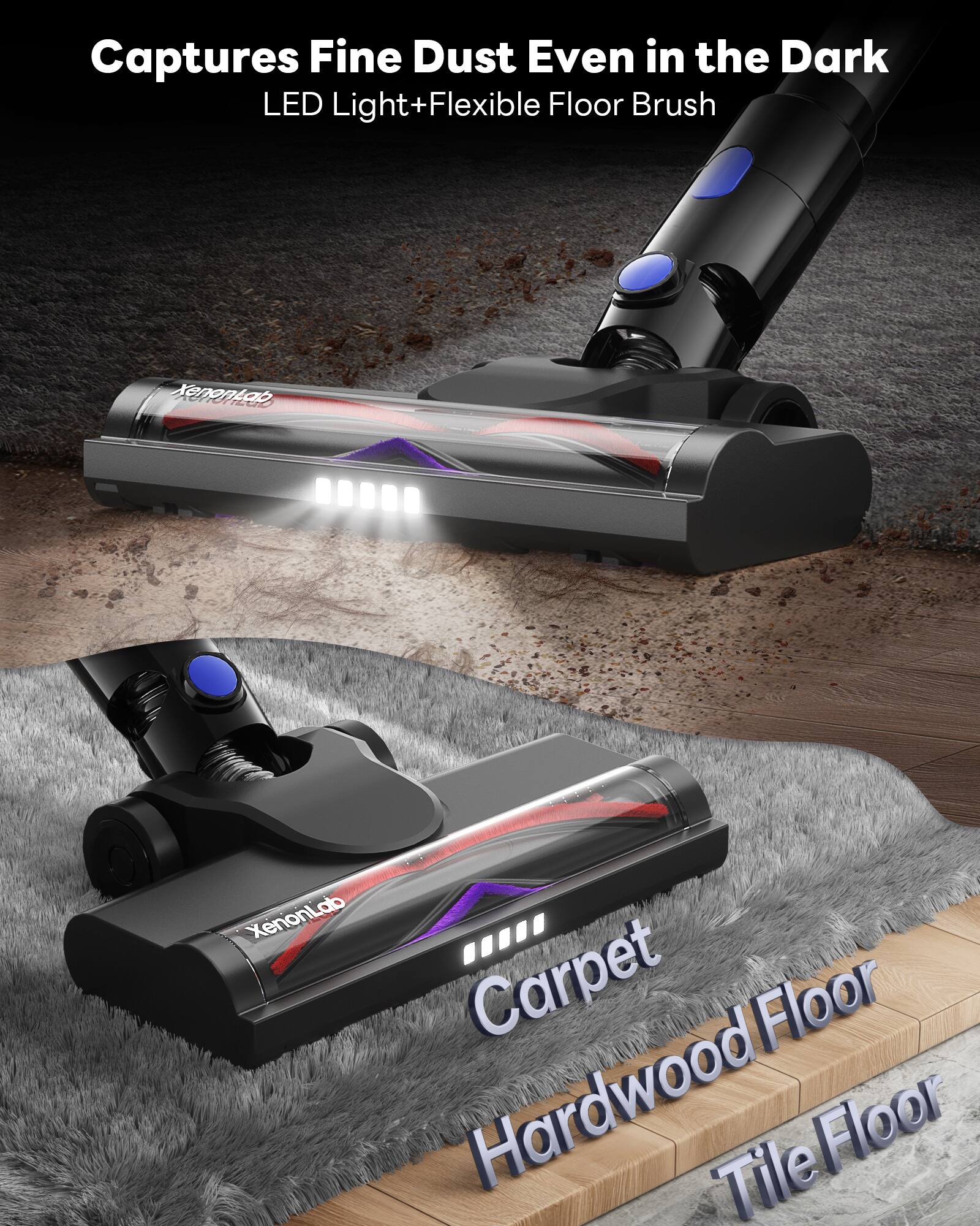 Captures Fine Dust Even in the Dark  
LED Light + Flexible Floor Brush  

Carpet  
Hardwood Floor  
Tile Floor