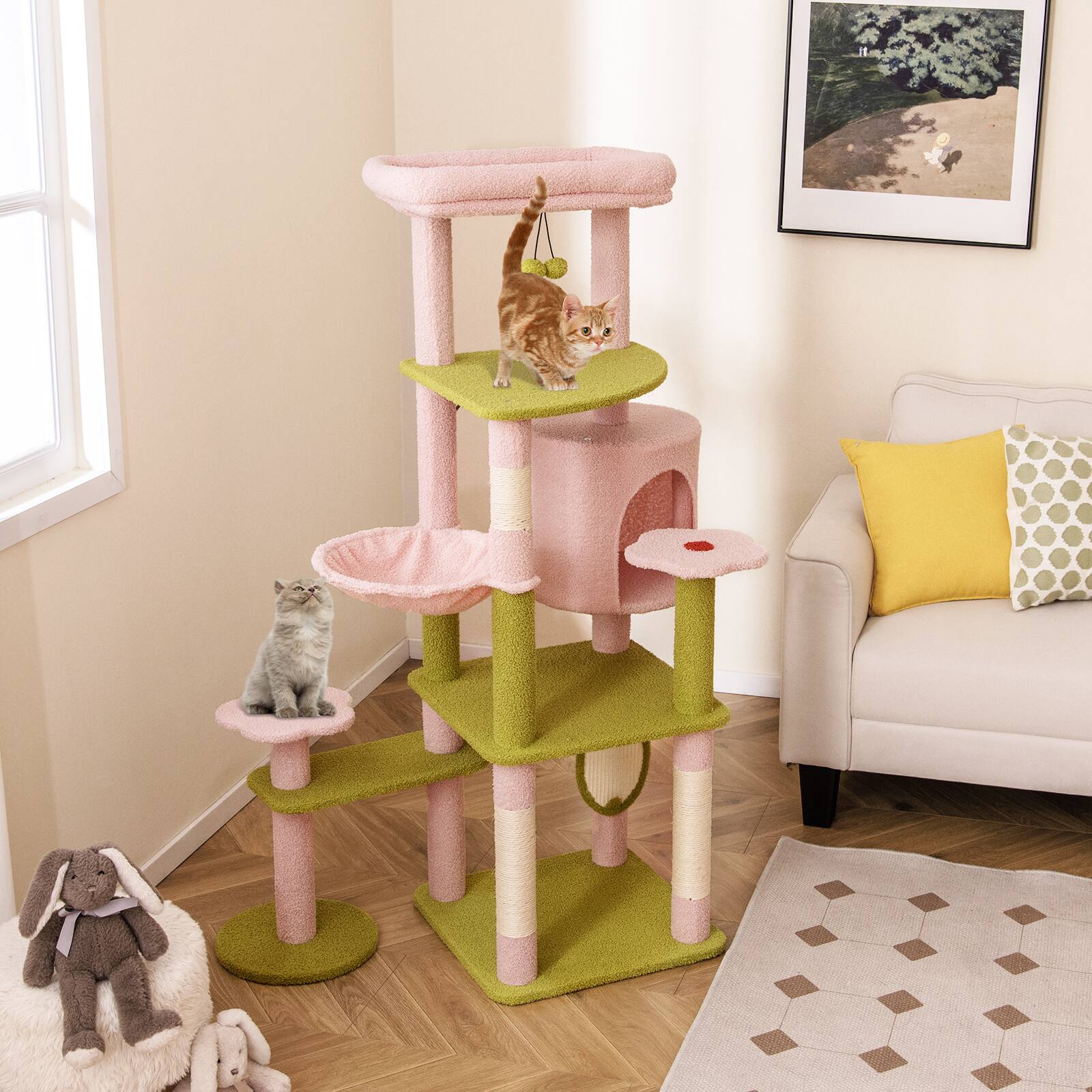 Alt View 3. Gymax - Gymax 58'' Plush Cat Tree Floral Climbing Tree Multi-level Cat Tower w/ Round Basket - GYM16194.