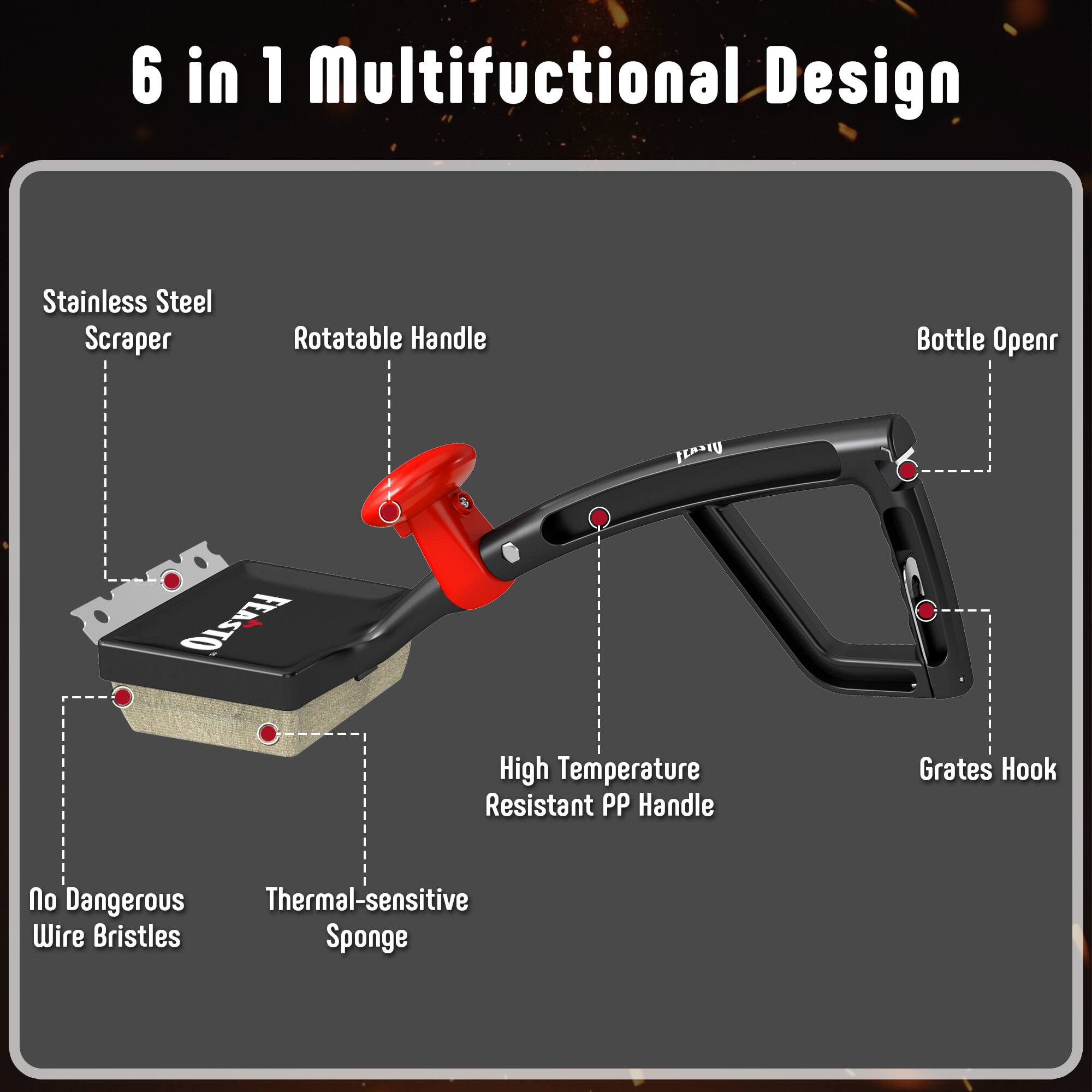 6 in 1 Multifunctional Design Stainless Steel Scraper Rotatable Handle Bottle Opener PEASTO Jemary High Temperature Resistant PP Handle Grates Hook No Dangerous Thermal-sensitive Wire Bristles Sponge