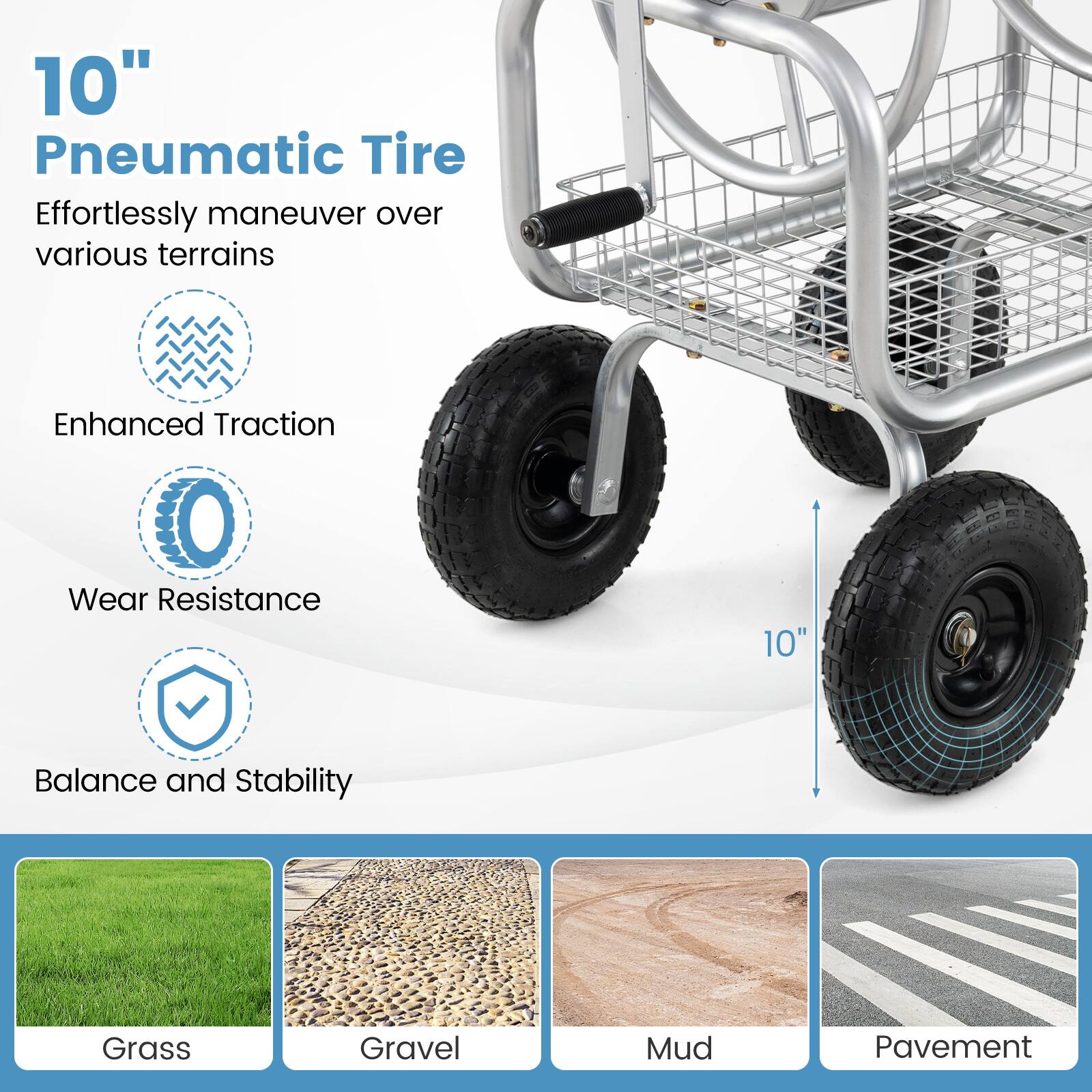 10" Pneumatic Tire  
Effortlessly maneuver over various terrains  
Enhanced Traction  
Wear Resistance  
Balance and Stability  

Grass  
Gravel  
Mud  
Pavement