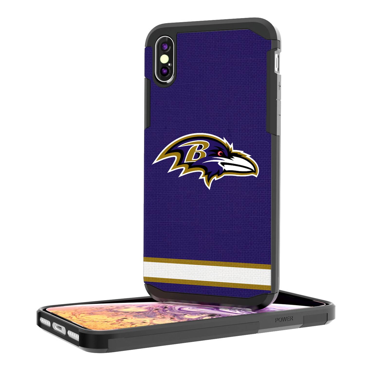 Alt View 1. Keyscaper - Baltimore Ravens iPhone Rugged Stripe Design Case - 15 Pro Max - Multicolor.