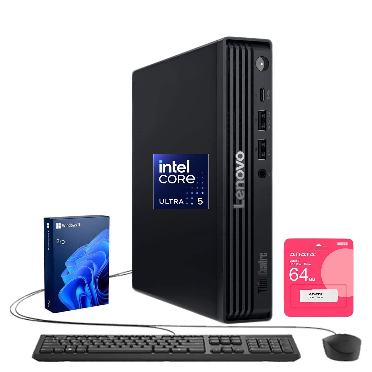 Lenovo - ThinkCentre M70q Desktop - Intel Core Ultra 5 225T with 32GB DDR5 RAM - 1TB SSD - Wired K & M - Adata 64GB USB Drive - Black