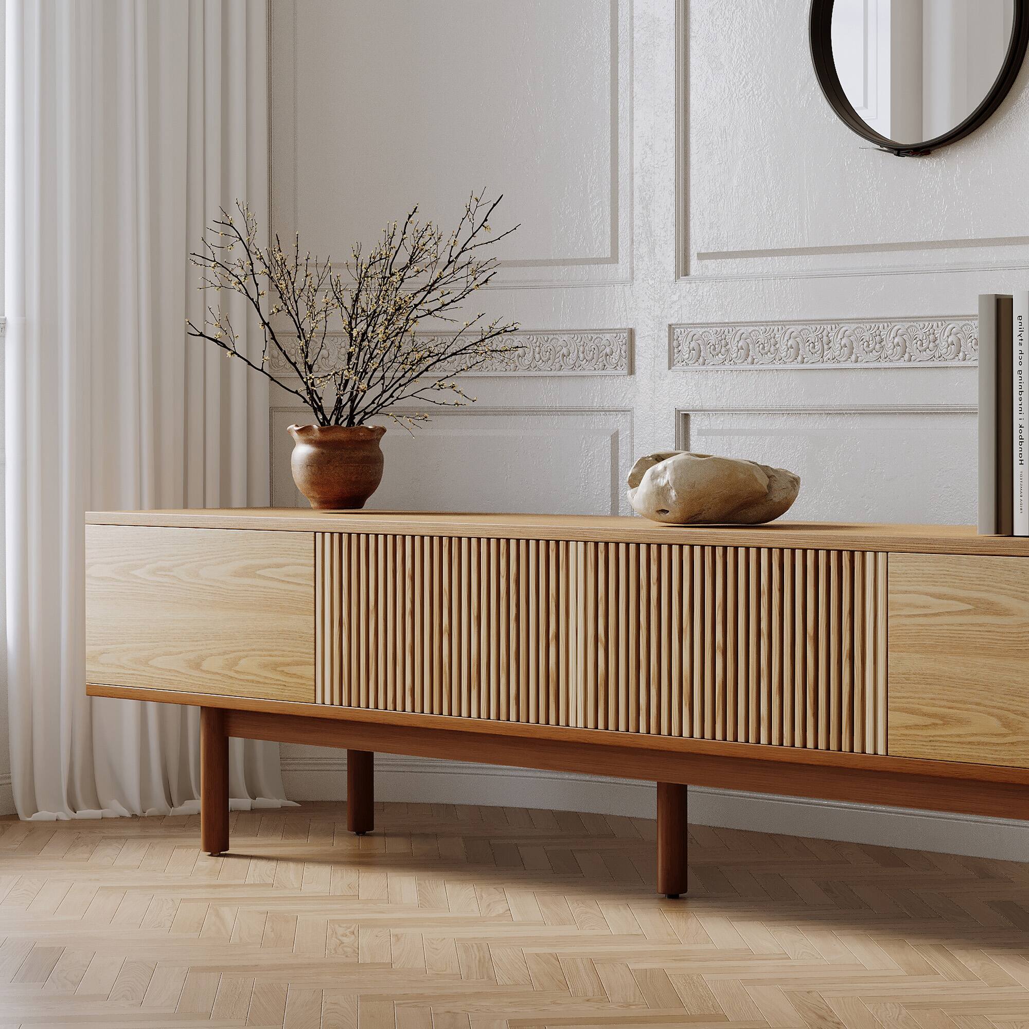 Alt View 2. luck idea - 86.6" Solid Wood TV Stand, Media Console with Storage Space - Natural Color.