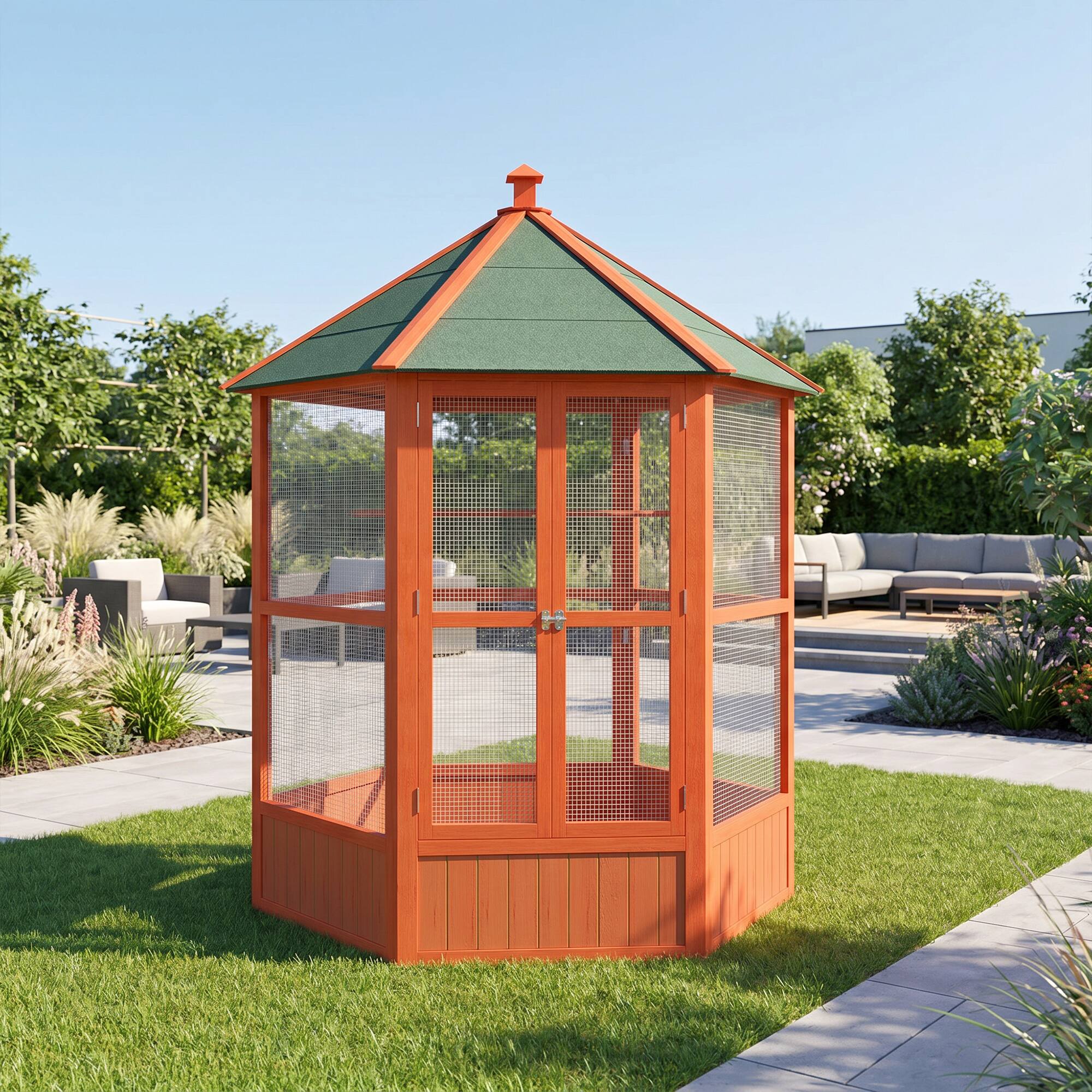 Alt View 6. Pawhut - Wooden Hexagonal Outdoor Aviary Flight Bird Cage With Covered Roof.