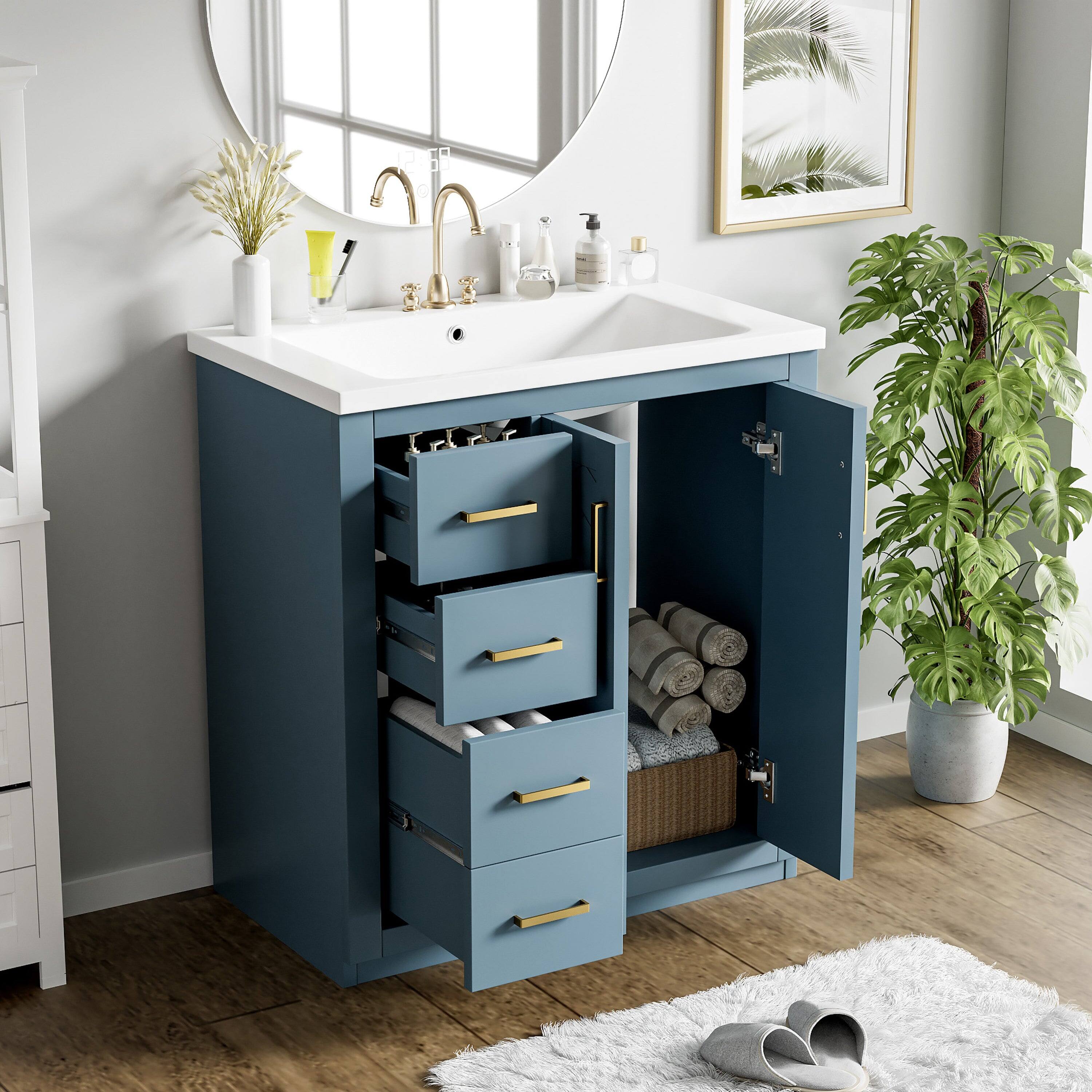 Alt View 5. Boyel Living - 30 Inch Bathroom Vanity Indigo with Ceramic Sink Solid Wood Frame 3 Drawers 1 Cabinet - Blue.