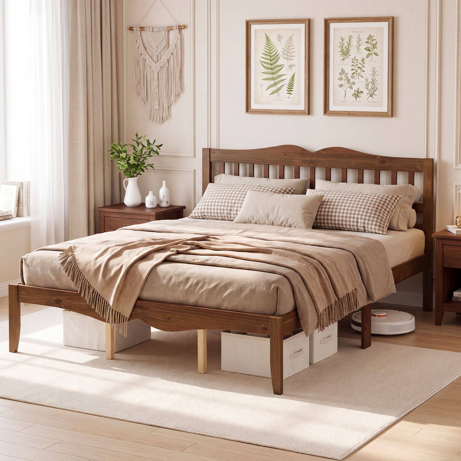 Alt View 3. Costway - Costway Queen Size Platform Bed with Headboard, Solid Wood Frame, Sturdy Wood Slat Support - Walnut.