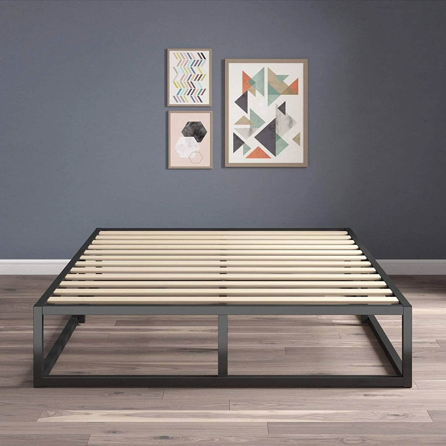 Hivvago - Queen size 10-inch Low Profile Modern Metal Wood Slat Platform Bed Frame - Black