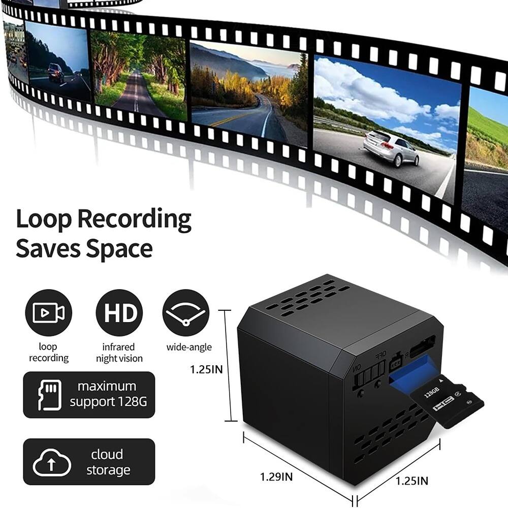 Loop Recording Saves Space

- Loop recording
- HD infrared night vision
- Wide-angle 1.25IN
- Maximum support 128G
- Cloud storage

1.29IN  
1.25IN  
1.25IN