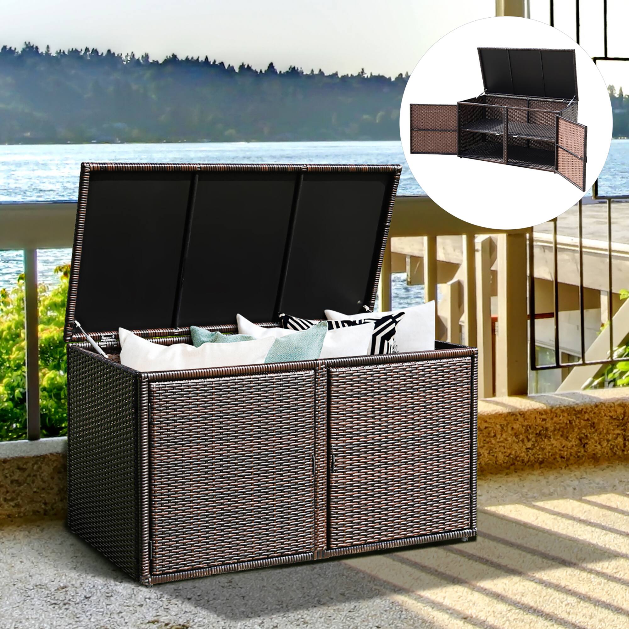 Alt View 3. Costway - Costway 88 Gallon Garden Patio Rattan Storage Container Box Bin Shelf - Mix Brown.