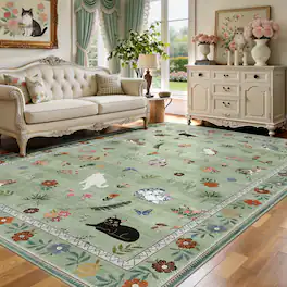 KERDOM - 5x7 ft Area Rug Adorable Cat Design – Medium Animal Carpet for Living Room & Playroom, Non-Slip Washable Pet Lover Gift - Green
