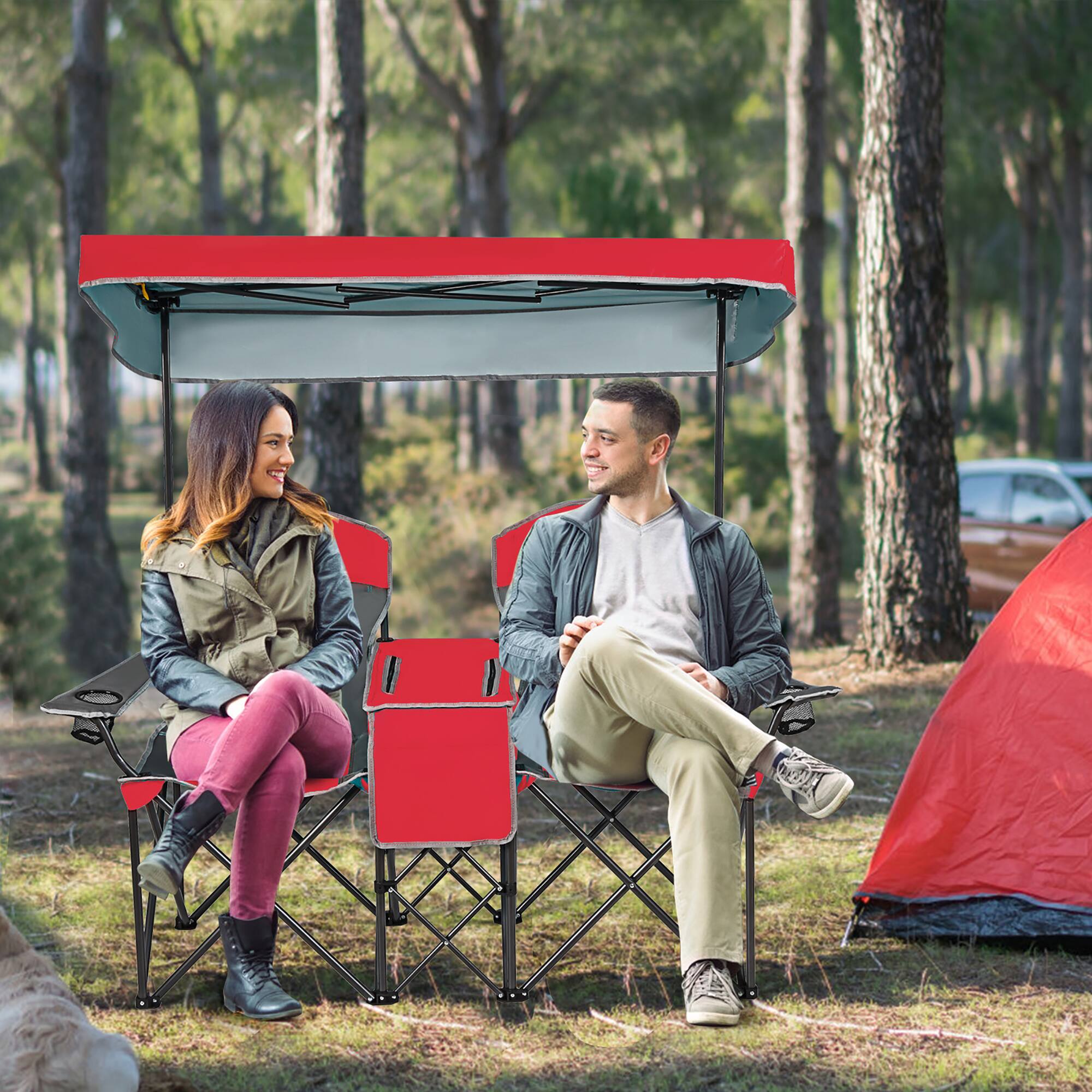 Alt View 1. Costway - Costway Portable Folding Camping Canopy Chairs w/ Cup Holder Cooler Outdoor - Red.
