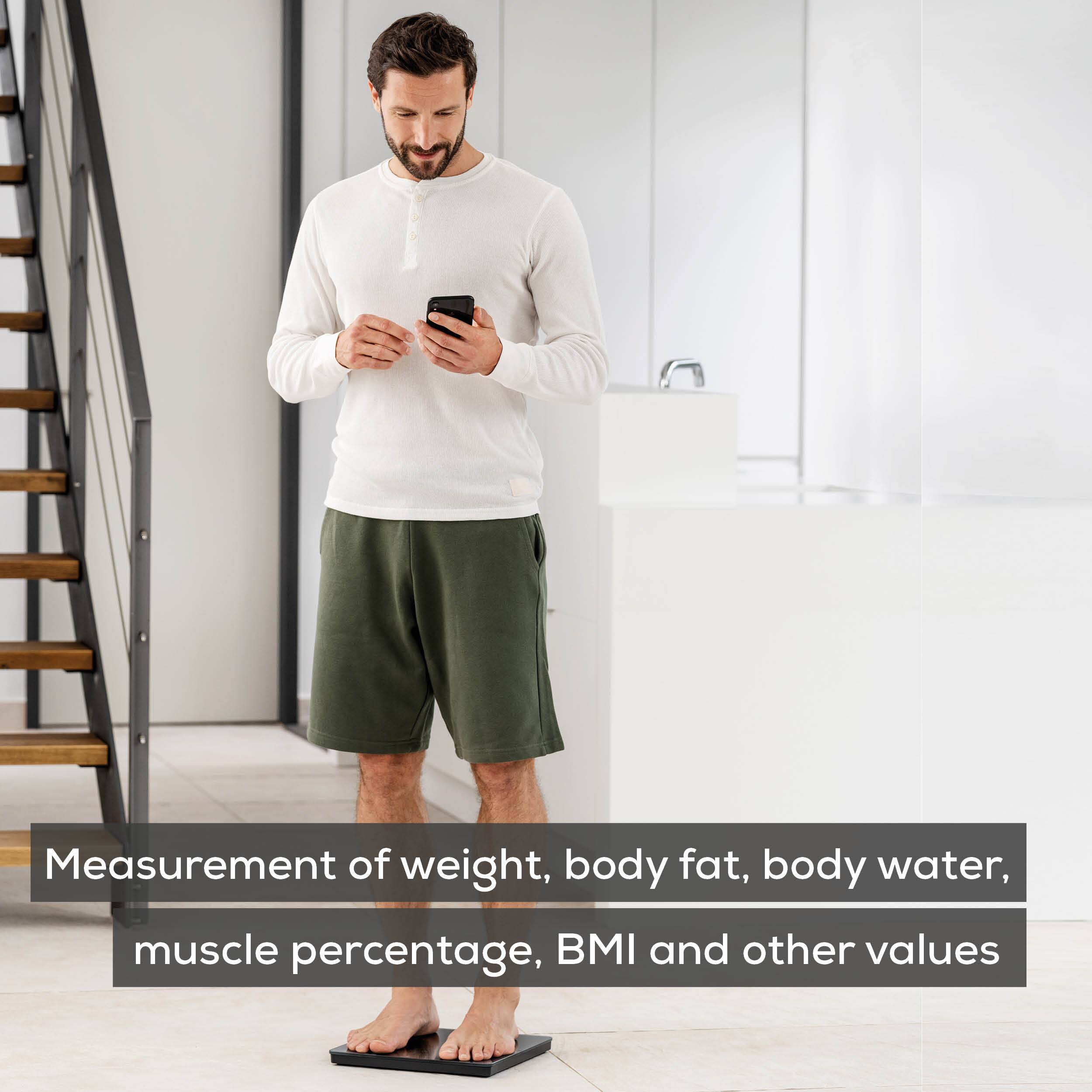 Measurement of weight, body fat, body water, muscle percentage, BMI and other values