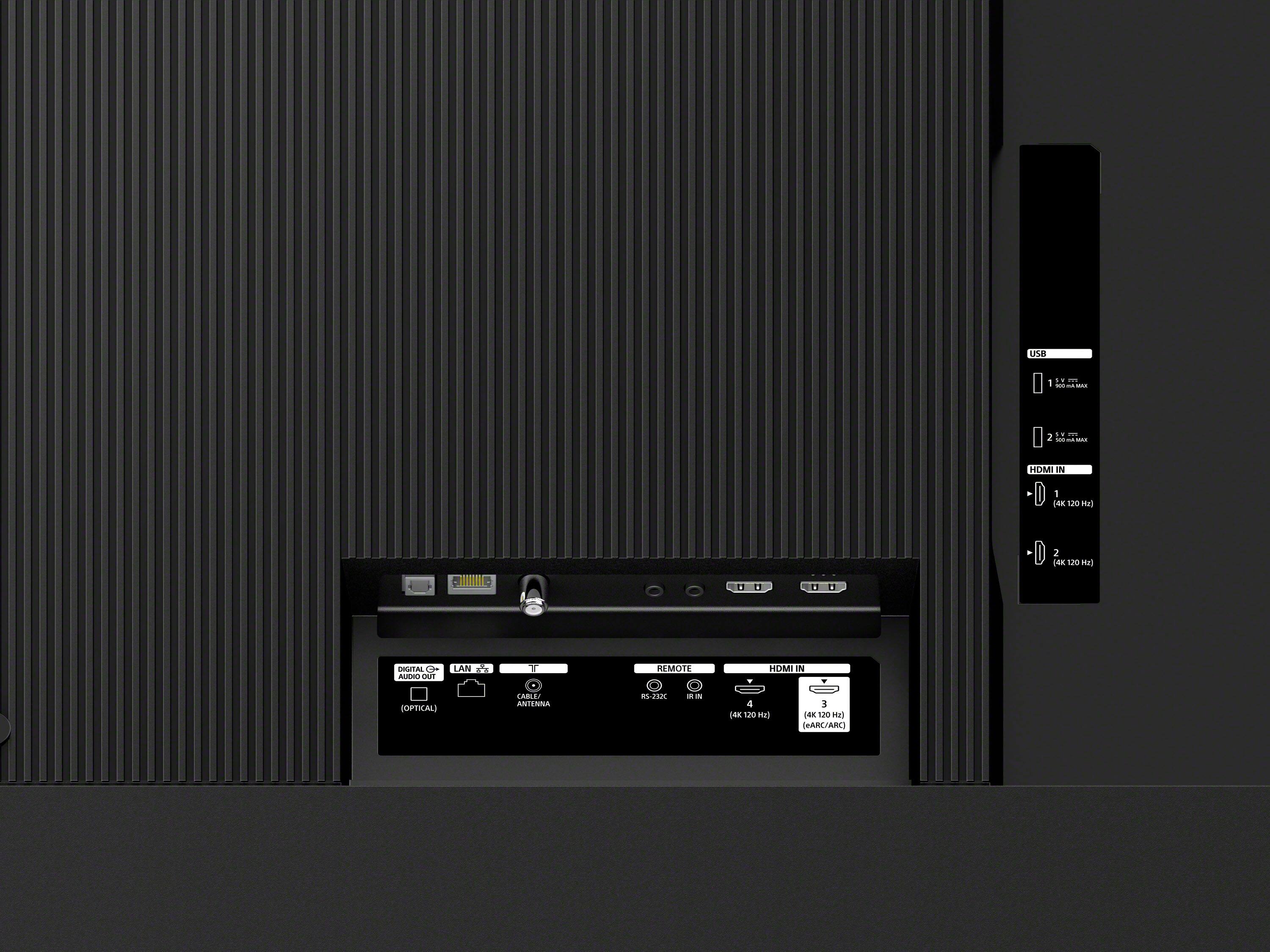 - USB
  - 1: USB OUT
  - 2: USB IN (2.0 HOST MAX)

- HDMI IN
  - 1
  - 2
  - 3 (4K 120 Hz) (eARC/ARC)
  - 4 (4K 120 Hz)

- DIGITAL AUDIO OUT (OPTICAL)

- LAN

- CABLE/ANTENNA

- REMOTE
  - RS-232C
  - IR IN
