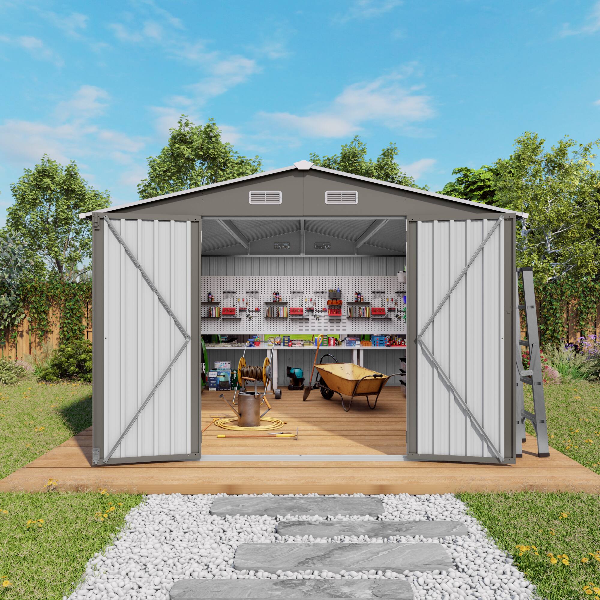 Alt View 7. Loheer - Loheer 10x12 Outdoor Storage Shed Large Metal Garden Shed Waterproof Tool Shed with Double Doors and Windows Grey.