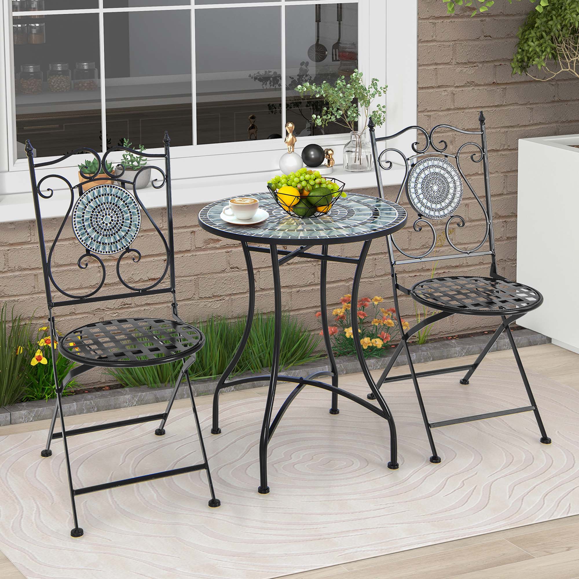 Back. Costway - Set of 2 Mosaic Chairs for Patio with Decorative Backrest Heavy-Duty Frame - Black.