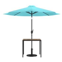 Emma + Oliver - 3 Piece Patio Table Set - Synthetic Faux Teak Dining Table with Umbrella Hole & Umbrella with Weighted Base - Teal