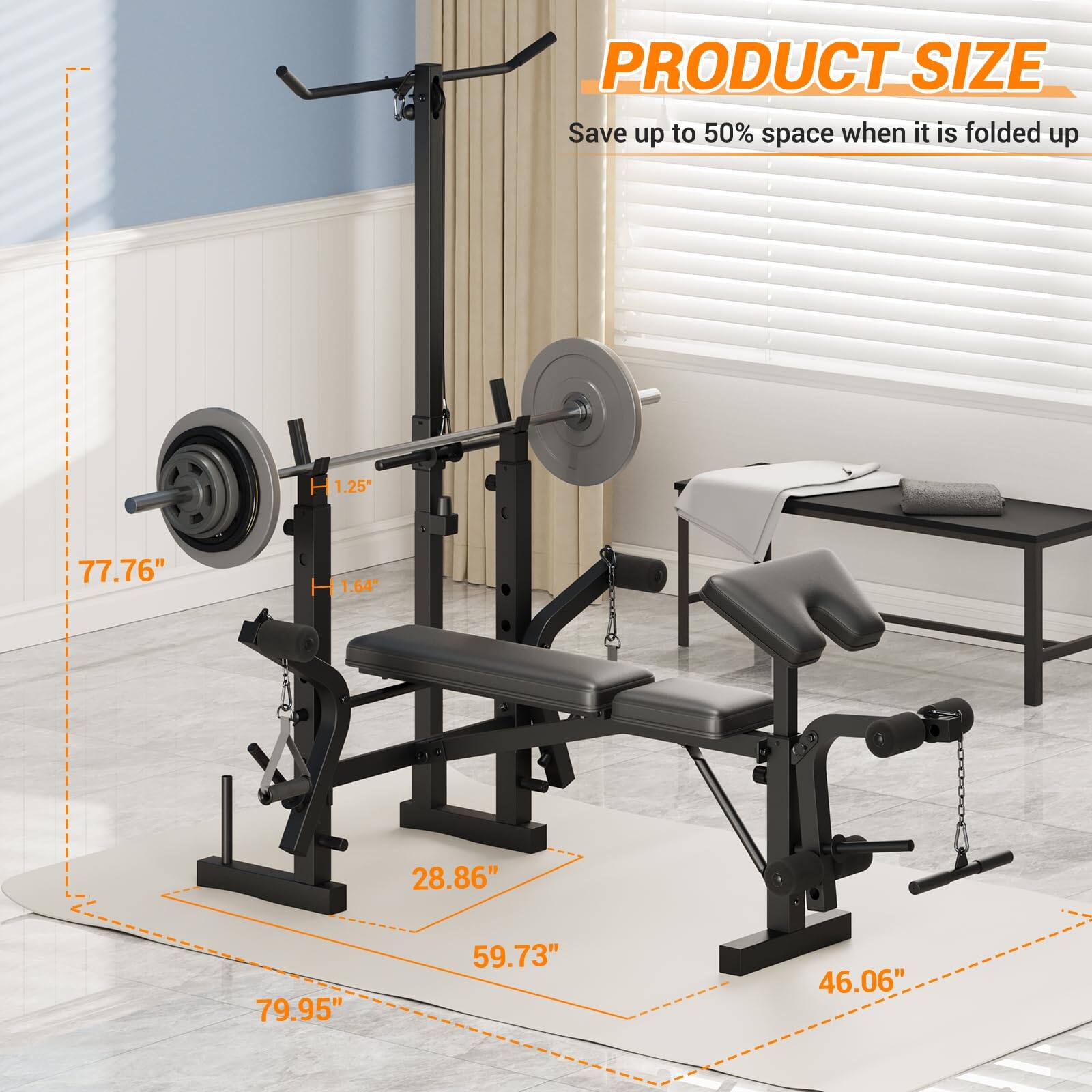 PRODUCT SIZE  
Save up to 50% space when it is folded up  

- H 1.25"  
- 77.76"  
- 1.64"  
- 28.86"  
- 79.95"  
- 59.73"  
- 46.06"