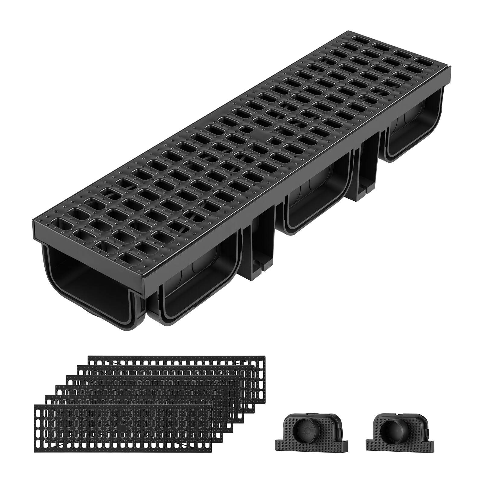 Front. VEVOR - Trench Drain, 20.1 x 5.5 x 3.5 in, 6 Pack Linear Drainage Channel, HDPE Channel Drain with Grates & End Caps - Black.