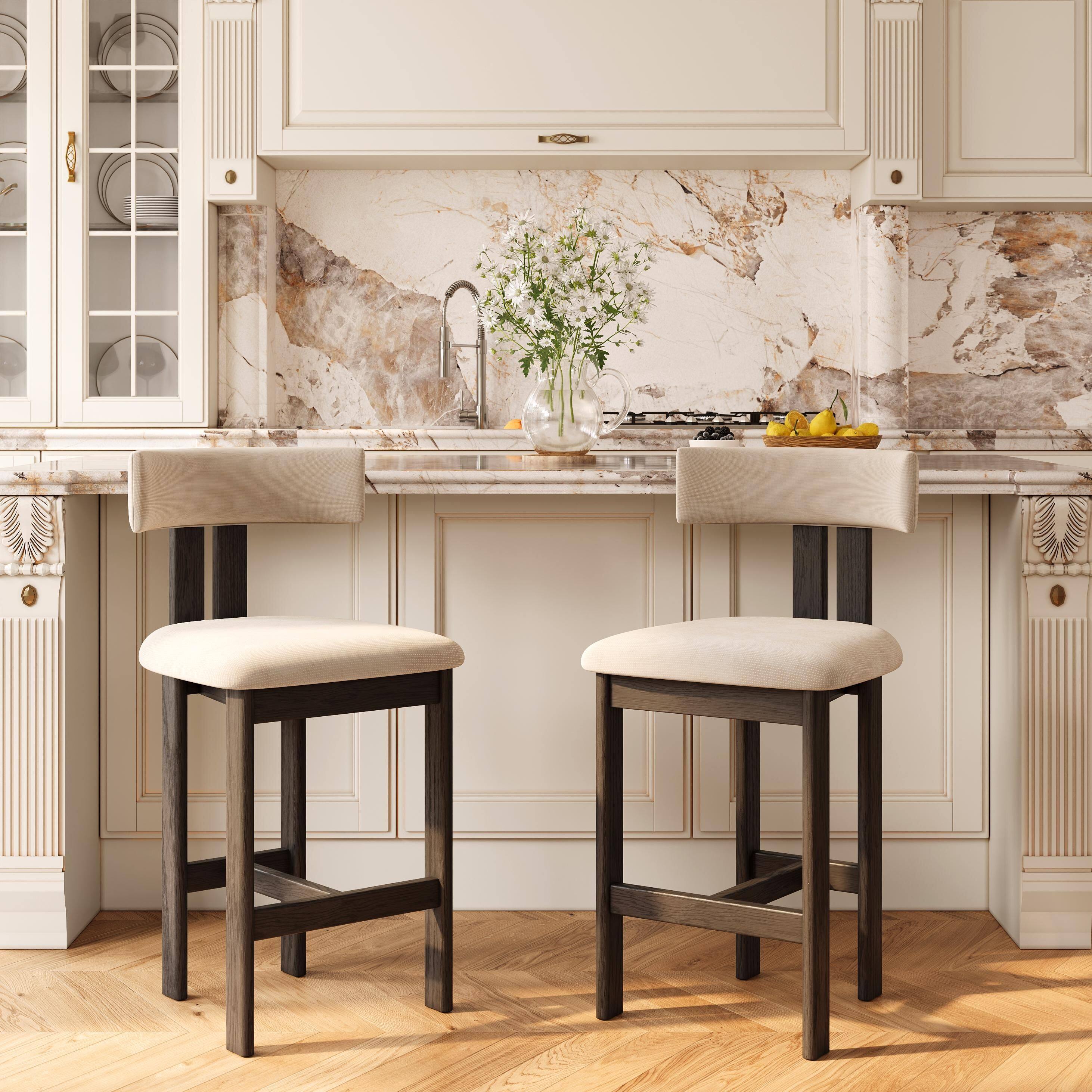 Left. POVISON - 26" Fully Assembled Mid-Century Modern Counter Height Bar Stools Set of 2, Cotton Linen Beige & Black - Beige & Black Cotton Linen.
