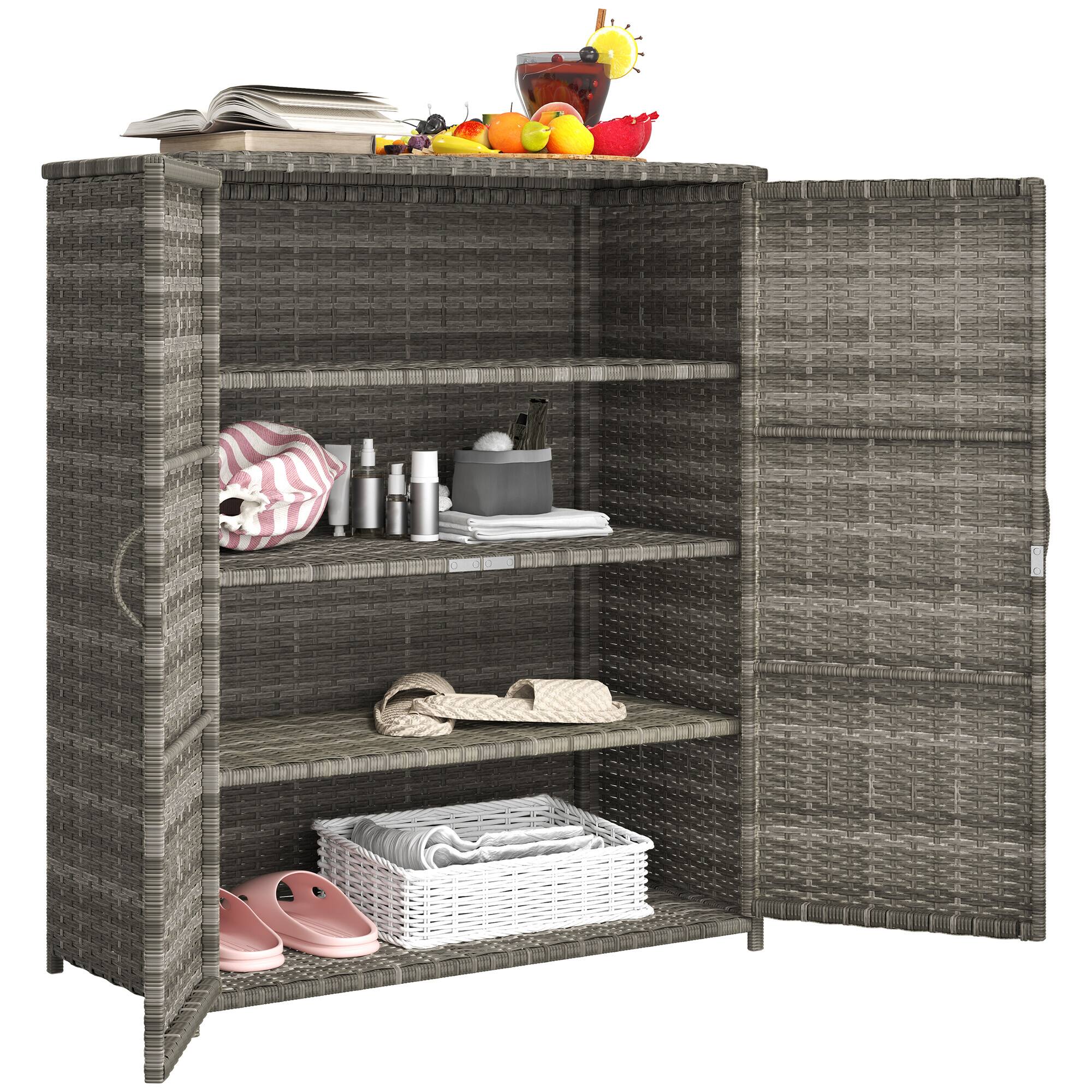 Front. Outsunny - Wicker Outdoor Storage Cabinet with Shelves, 4-Shelf Outdoor Pool Towel Cabinet with Two Doors - Mixed Gray.