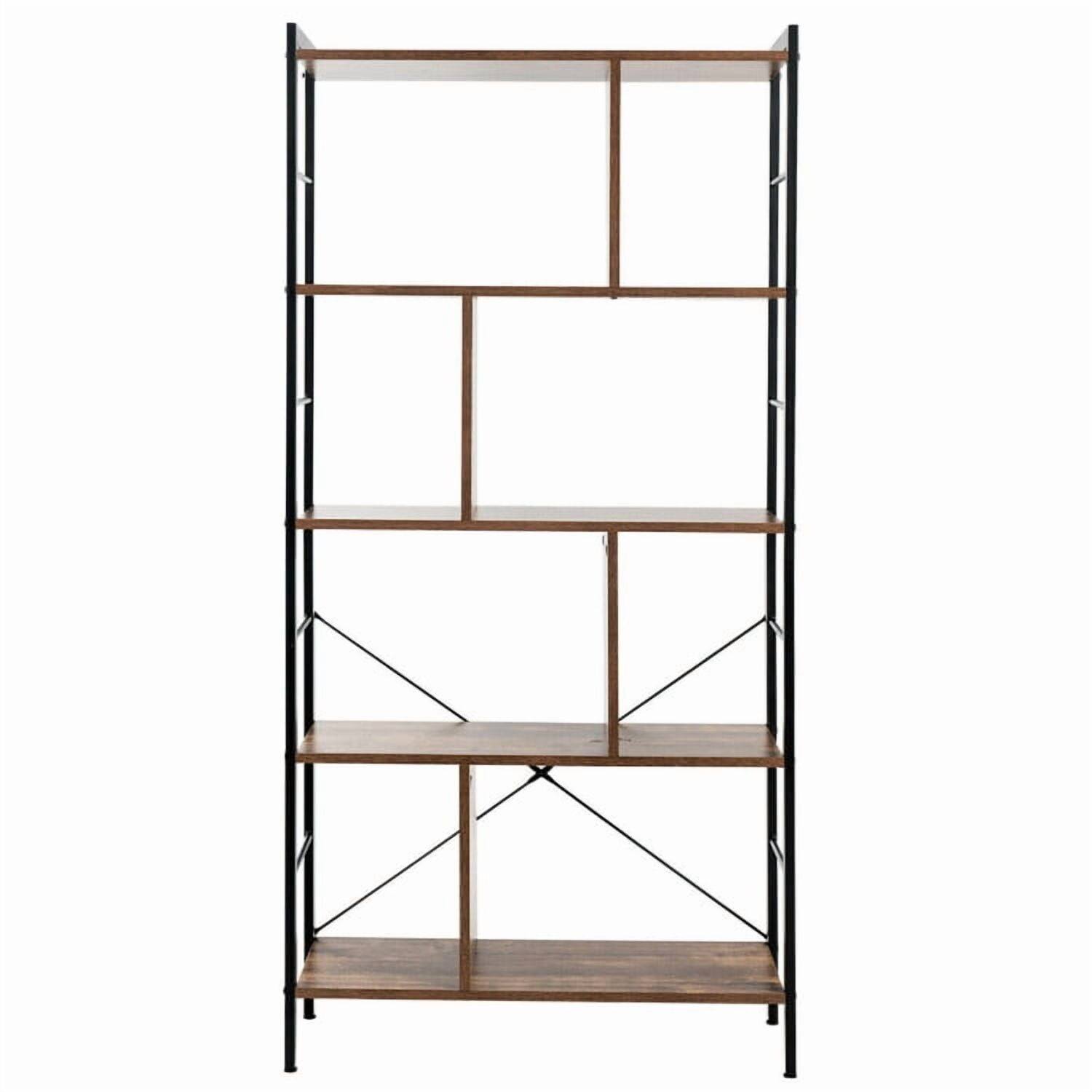Front. Pefilos - 4-Tier Industrial Freestanding Bookshelf with Metal Frame, Tall Bookshelf, Shelves for Living Room, Home Office - Brown.