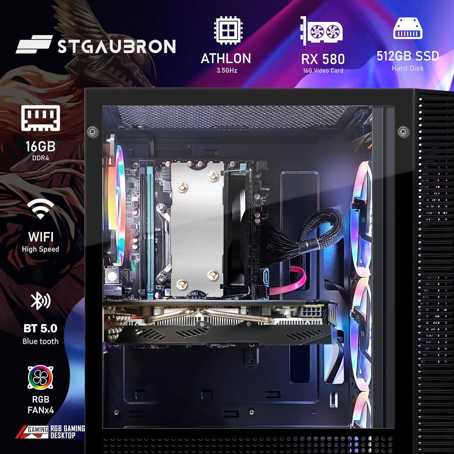 STGAUBRON, ATHLON 3.5GHz, RX 580 16G Video Card, 512GB SSD Hard Disk, 16GB DDR4, WIFI High Speed, BT 5.0 Blue tooth, RGB FANx4, GAMING RGB GAMING DESKTOP