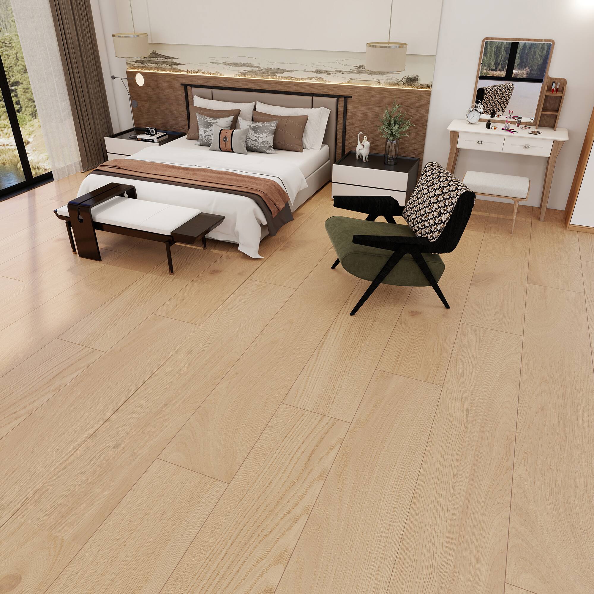 Left. Dotfloor - Superoak PLUS Laminate Flooring - 72.7"x9.6" Planks, 6 Planks/Box (27.09 sq ft/Box), 12mm Thick, AC5 Wear Rating - Beige Oak.