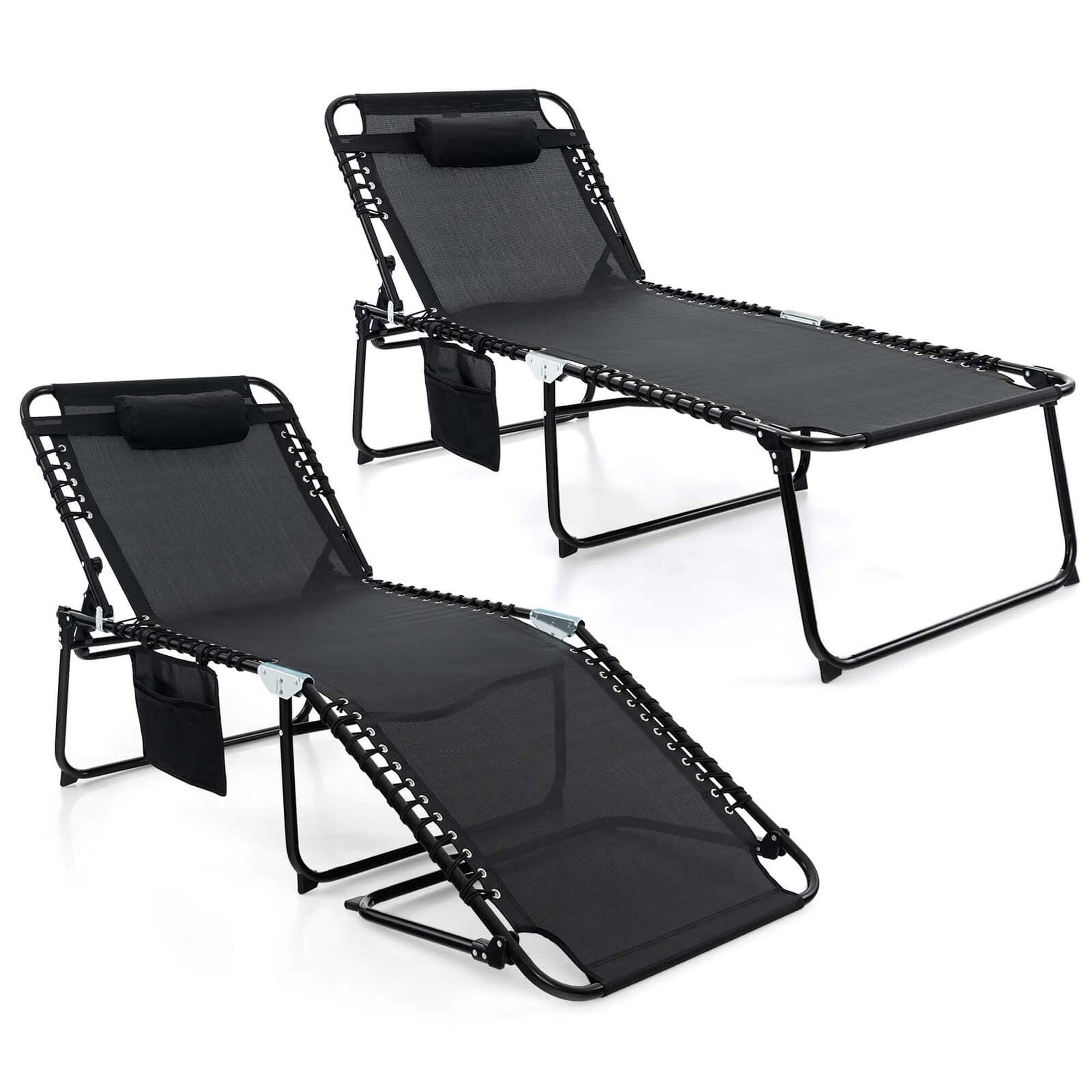 Front. Costway - Costway 2 PCS Oversize Folding Chaise Lounge with Backrest Detachable Pillow Pocket - Black.