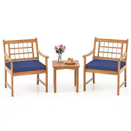 Costway - 3 PCS Acacia Wood Patio Bistro Set Outdoor Chairs with Coffee Table for Porch - Navy,Natural