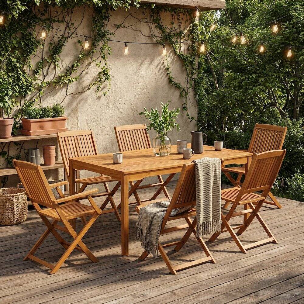Alt View 4. Outdoor Escape - Wooden Patio Set with Oil Finish, Dining Table and 6 Outdoor Chairs - Brown.