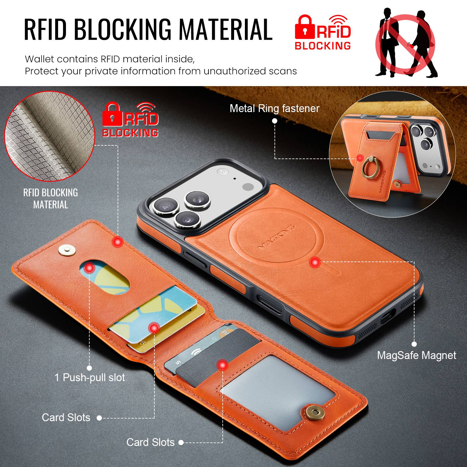 RFID BLOCKING MATERIAL

Wallet contains RFID material inside, Protect your private information from unauthorized scans

RFID BLOCKING MATERIAL

RFID BLOCKING

Metal Ring fastener

1 Push-pull slot

Card Slots

Card Slots

MagSafe Magnet