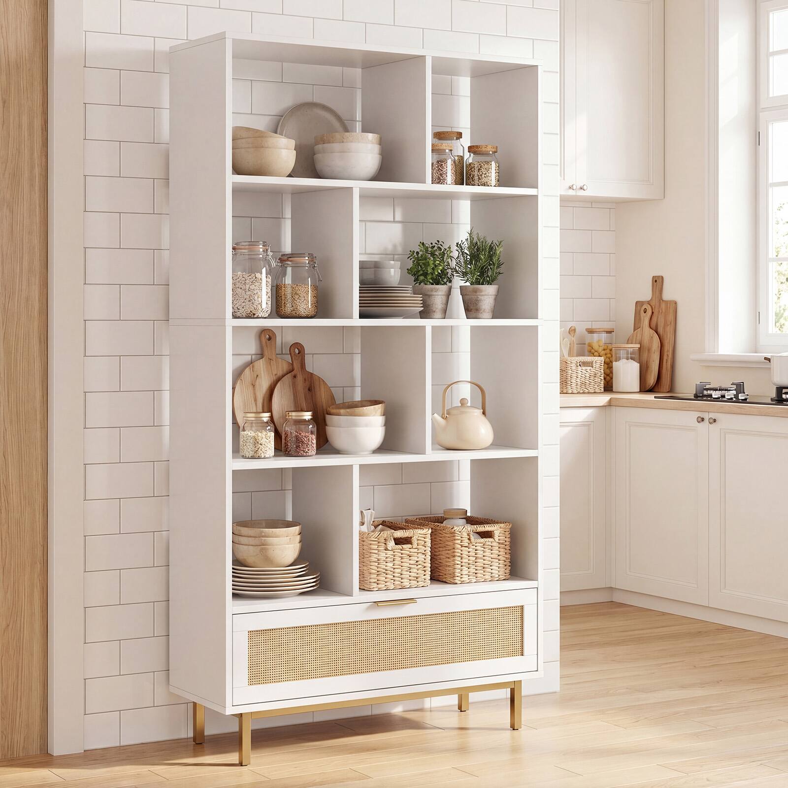 Alt View 3. Costway - Costway 64" Tall Wooden Bookcase, 6-Tier Bookshelf with 8 Open Cubes, Rattan Drawer - White.